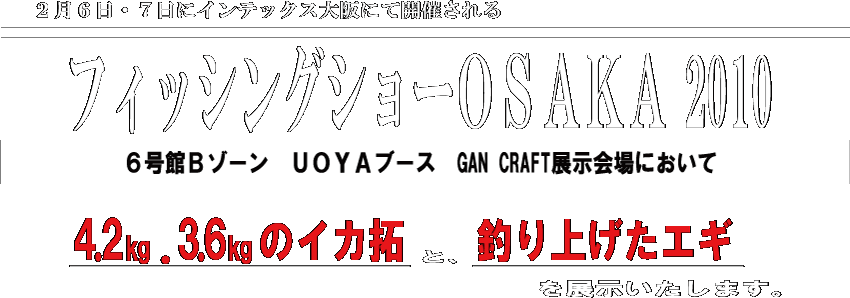 2��6���E7���ɃC���e�b�N�X���ɂĊJ�Â����t�B�b�V���O�V���[OSAKA2010�@6����B�]�[���J�@UOYA�u�[�X�@GANCRAFT�W�����ɂ�����3.6kg�E4.2kg�̃C�J��ƁA���ۂɒނ�グ���G�M��W���������܂��B